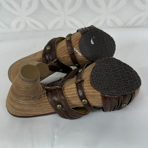 Frye Brown Leather Reese Multi Slide Heels 7.5 Stacked Cone Heel Slip On Sandals - Picture 9 of 9